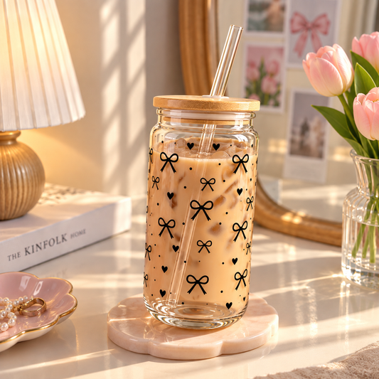 Black Bow & Heart Glass Tumbler with Lid & Straw