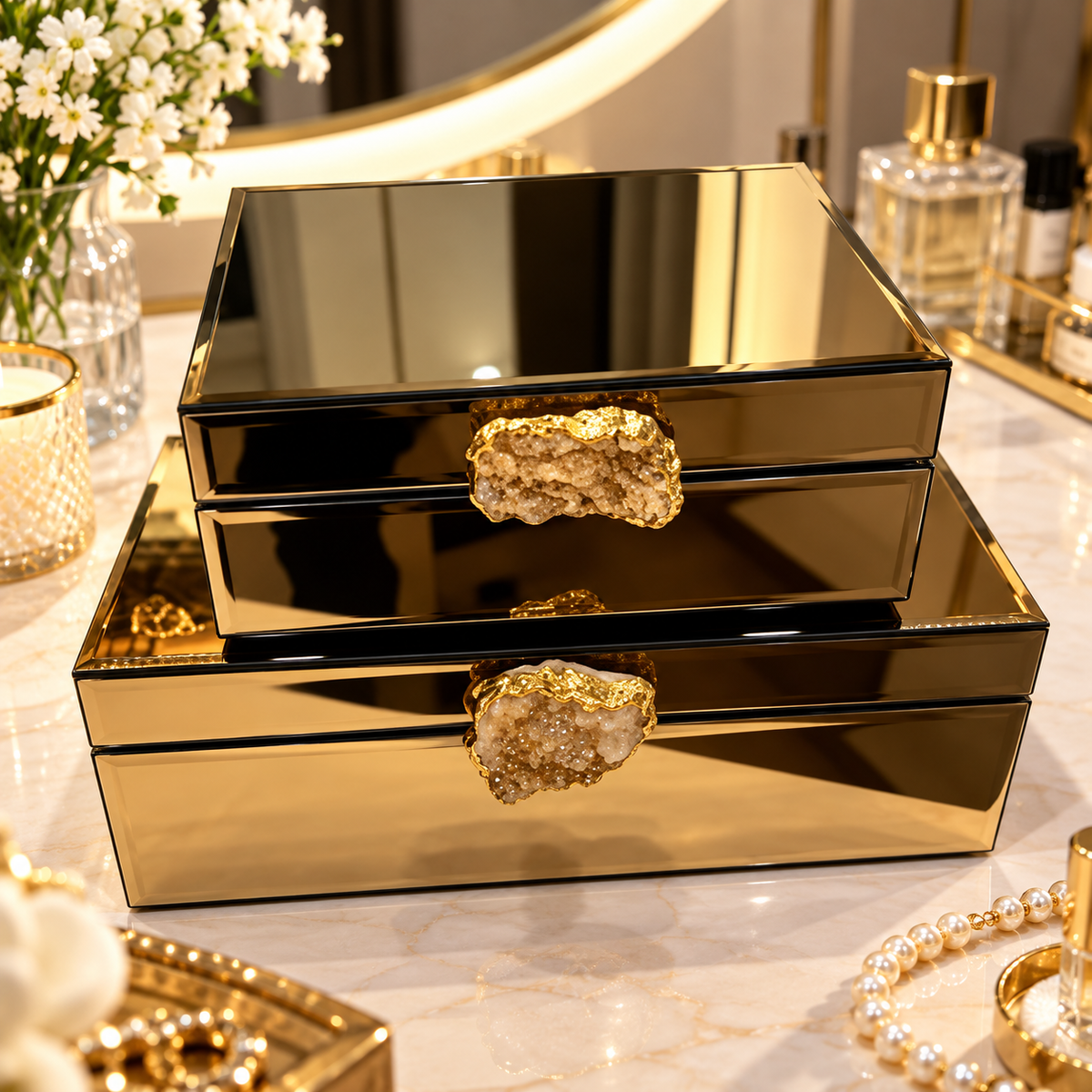 Black Gold Mirrored Jewellery Storage Box with Geode Handles