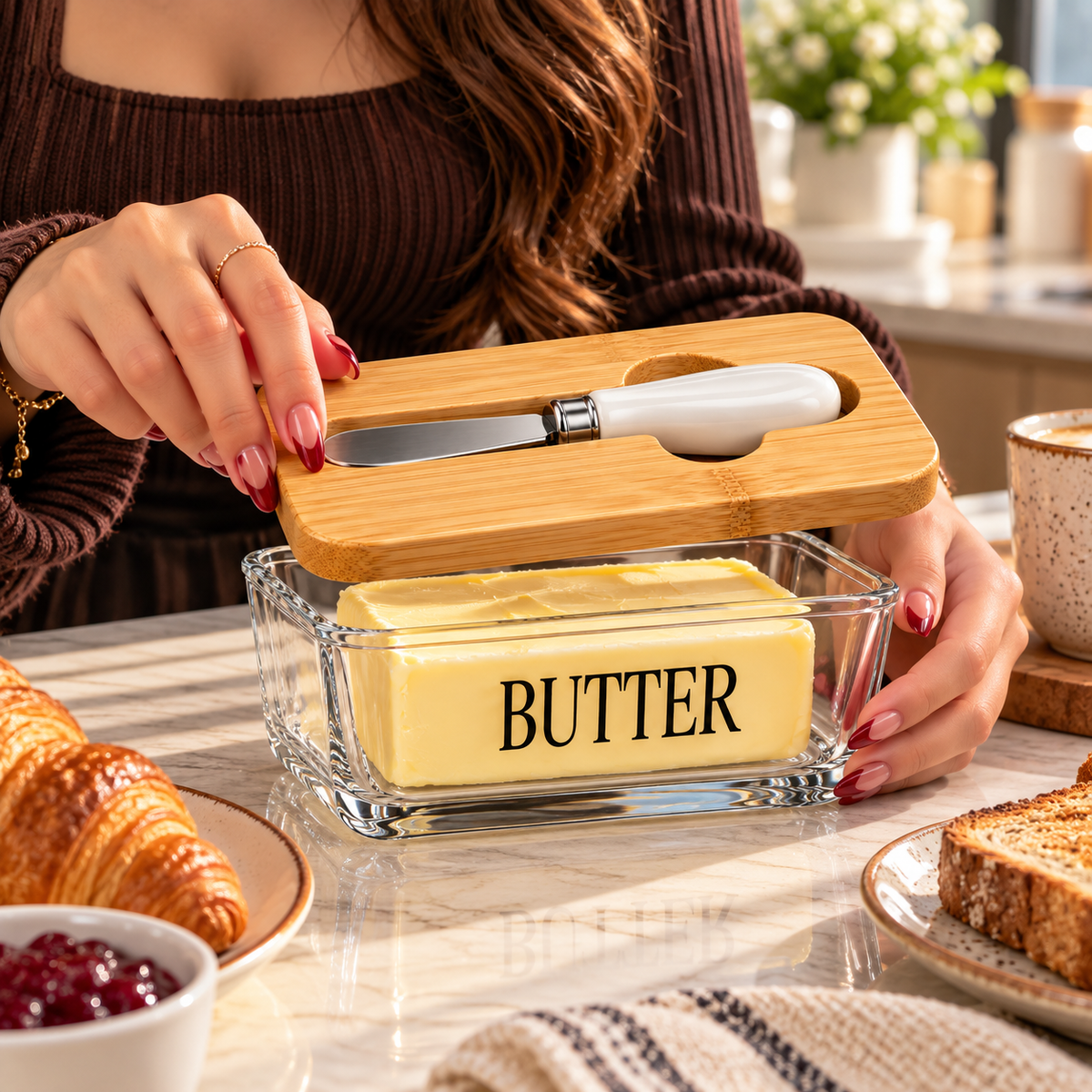 Glass Butter Dish with Wooden Lid and Knife