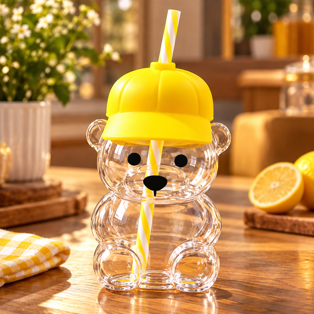 Cute Bear Shape Glass Cup with Hat Lid & Reusable Straw