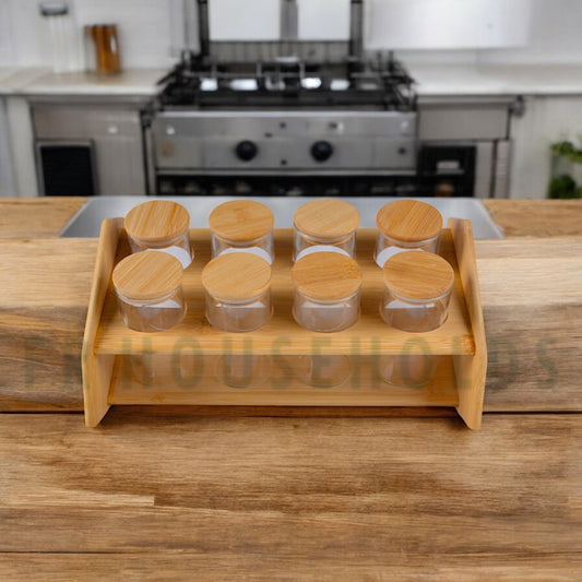 Cylinder Shape Glass Jars Condiments Organiser Stand | 8 Airlock Jars - 1 Wooden Stand