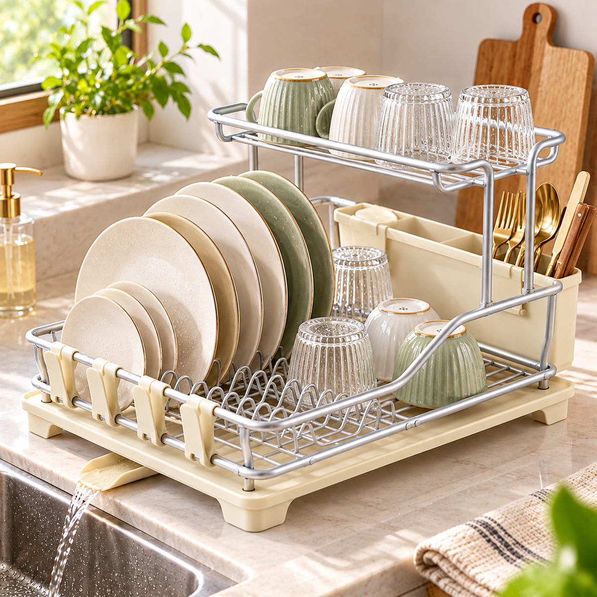 2 Tier Aluminium Dish Drying Rack with Drainer Tray & Utensil Holder
