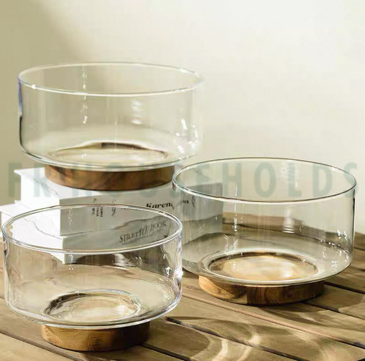 Wooden Base Glass Fruit Bowl – Elegant & Modern Kitchen Décor