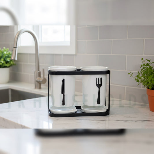 2-Piece Spoon Organizer with Metallic Rack & Water Drainage – Premium Kitchen Utensil Holder