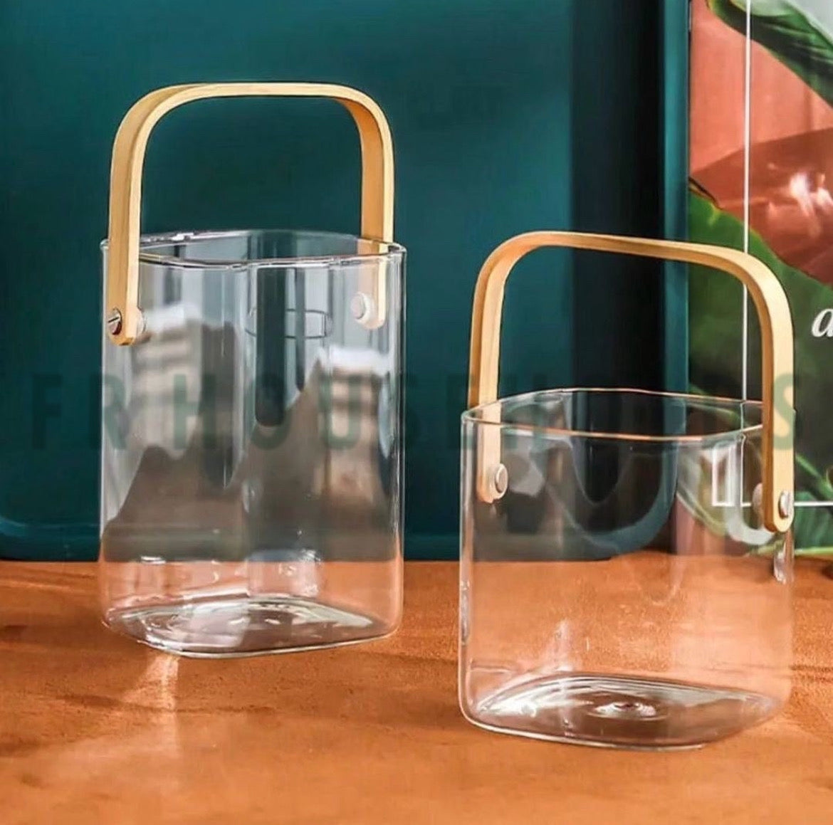 Premium Quality Multipurpose Glass Bucket with Wooden Handle | 350ml - 750ml - 1000ml | Square
