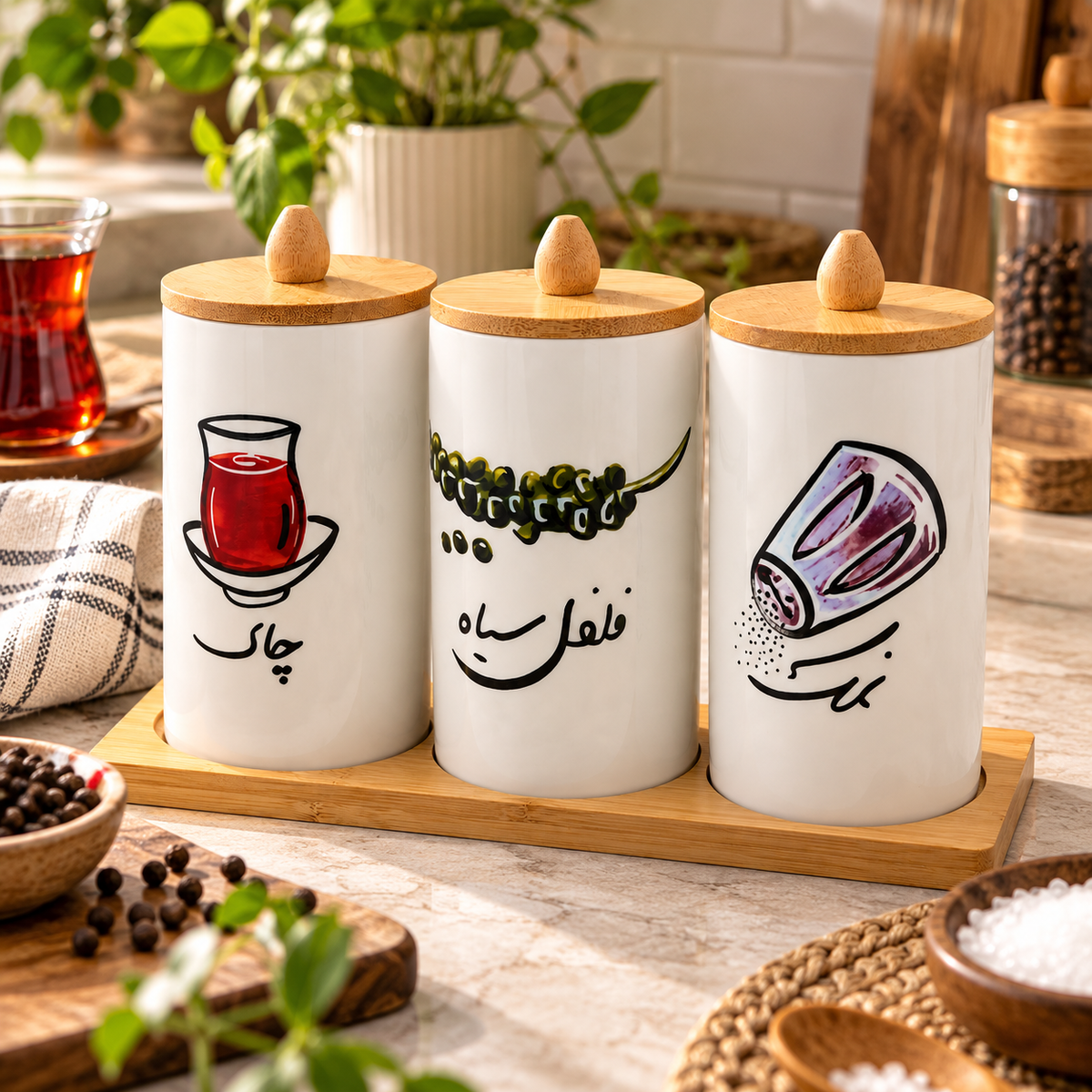 3-Piece Ceramic Kitchen Canister Set with Wooden Tray & Knob Lids