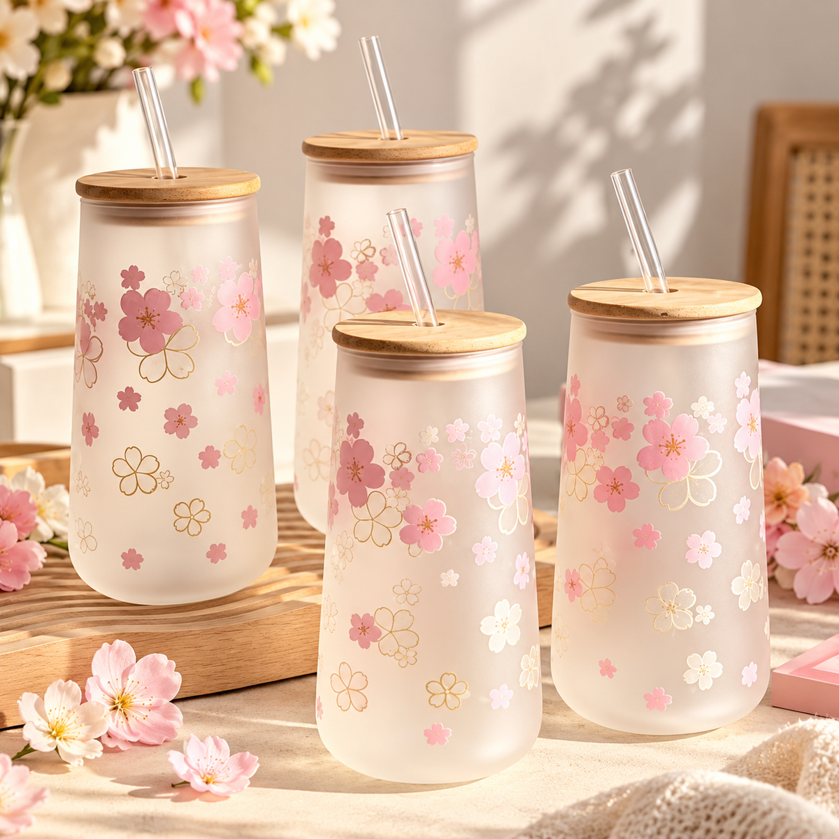 Pink Floral Glass Tumbler with Lid & Straw – Aesthetic Flower Design