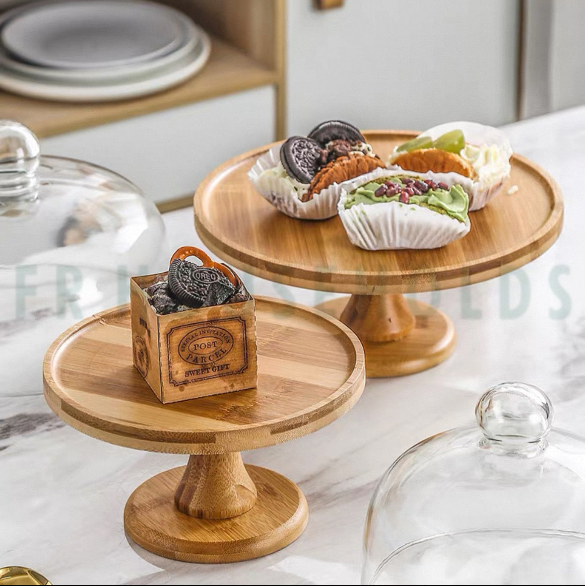 Wooden Revolving Cake Stand with Glass Dome