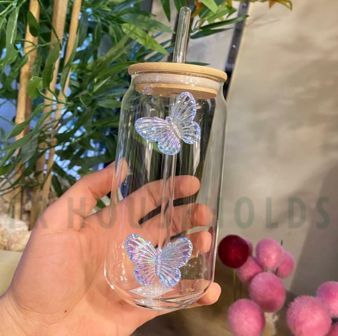 Butterfly Iced Tea Glass with Wooden Lid & Glass Straw | 500ml - 1pc