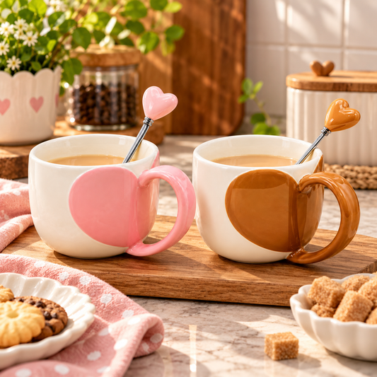 2-Piece Heart Motif Ceramic Coffee & Tea Mug Set with Matching Spoons