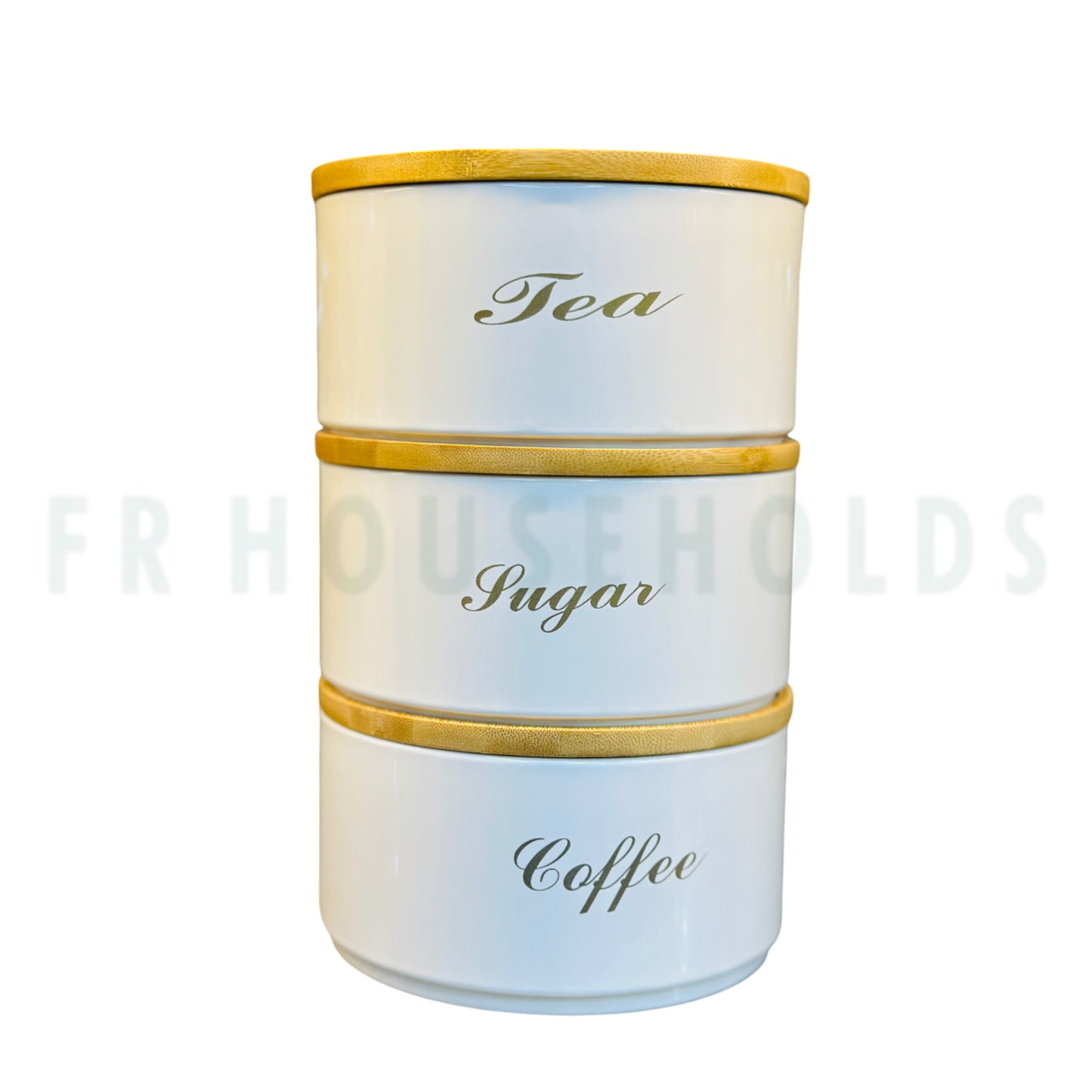 3pcs Airtight Tea , Coffee & Sugar Tin Canister With Real Bamboo Lid