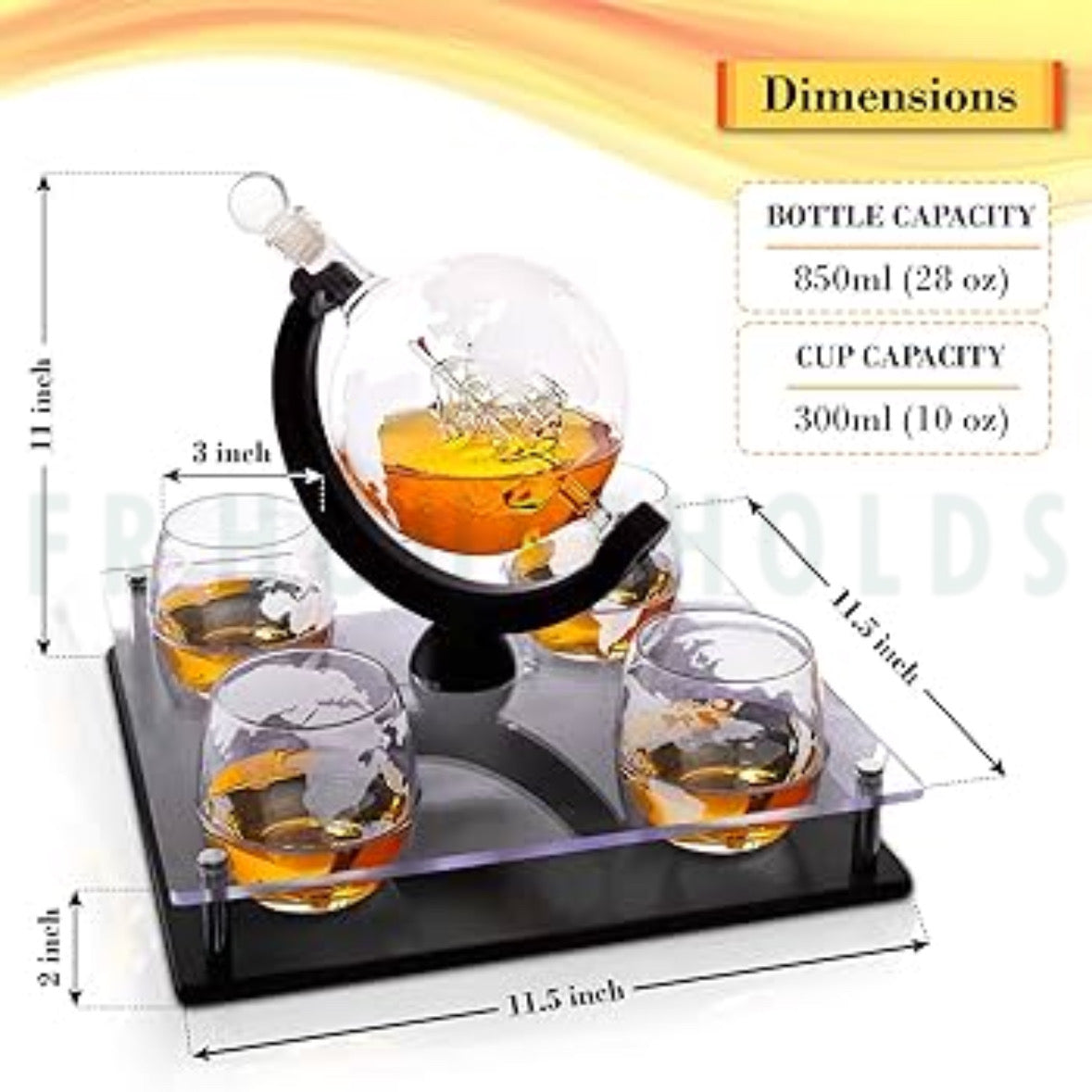 Luxury Globe Whiskey & Wine Dispenser Set with 4 Etched Glasses – Handcrafted Elegance