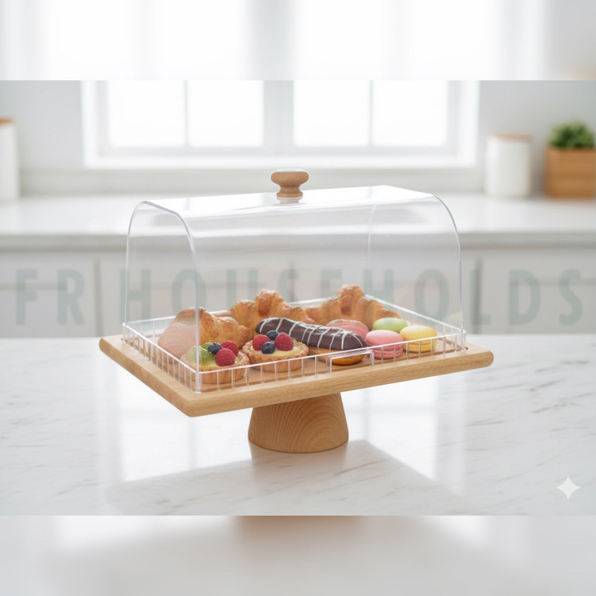 Wooden Rectangle Cake Dish with Acrylic Lid – Premium Serving Tray with Clear Cover