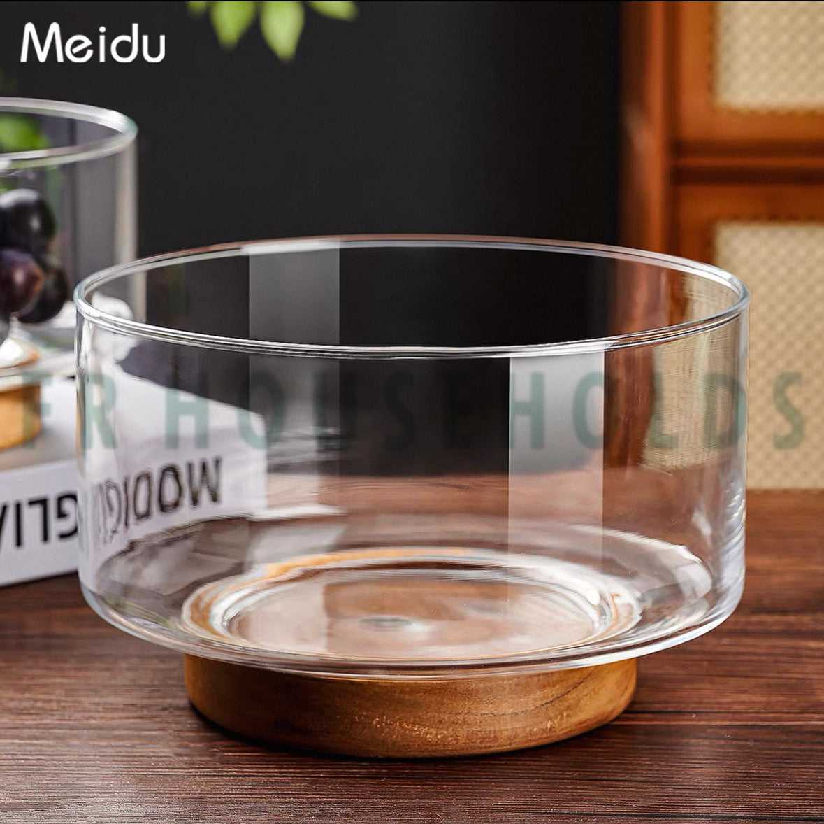 Wooden Base Glass Fruit Bowl – Elegant & Modern Kitchen Décor