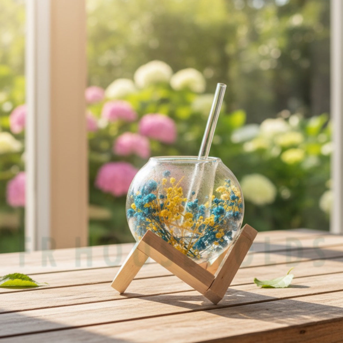 250ml Globe Shape Iced Tea Glass with Wooden Stand – Elegant & Aesthetic Drinkware