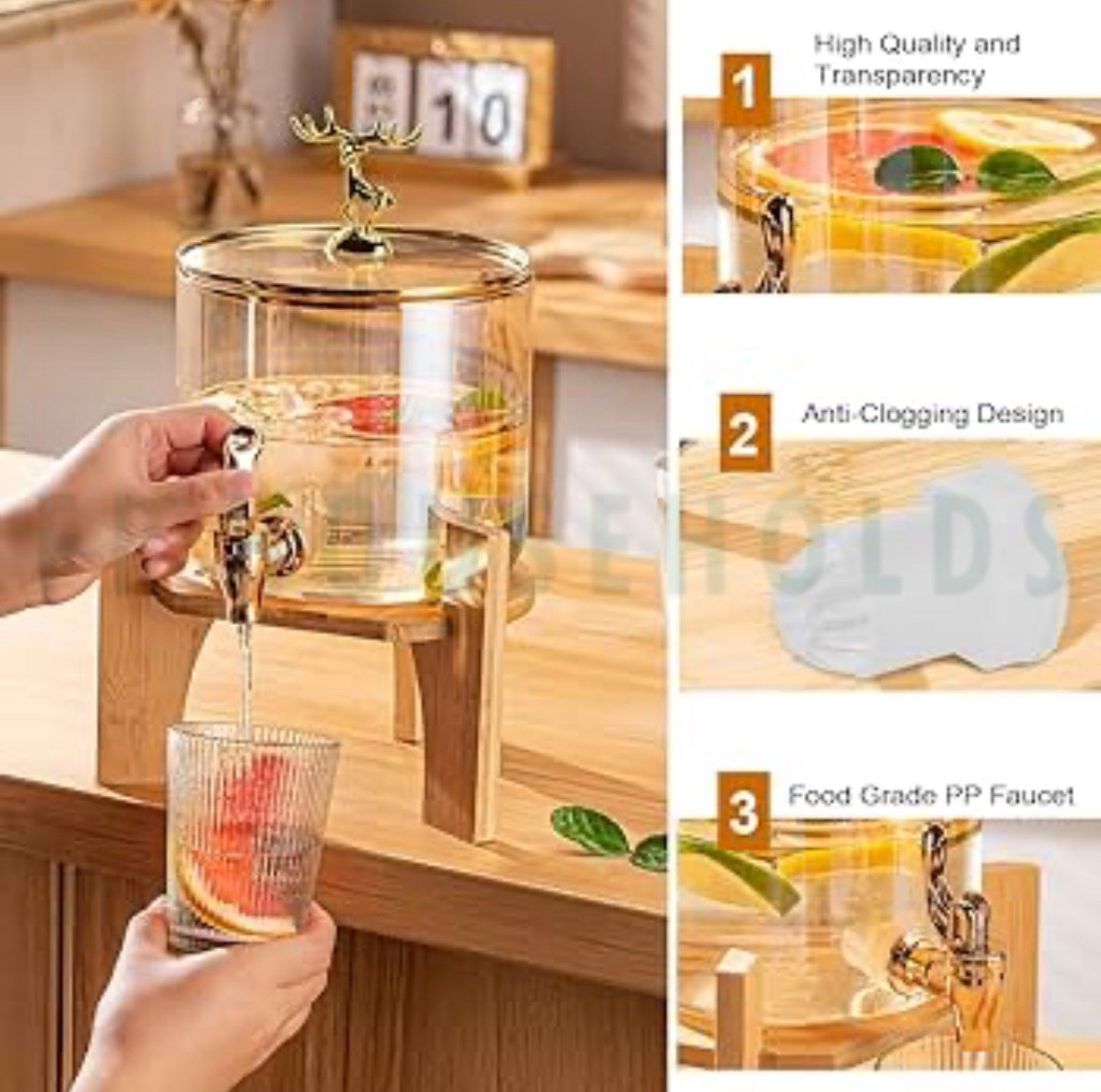 Premium Borosilicate Glass Beverage Dispenser with Wooden Stand – Amber Gold & Clear White (2.6L / 3.6L)