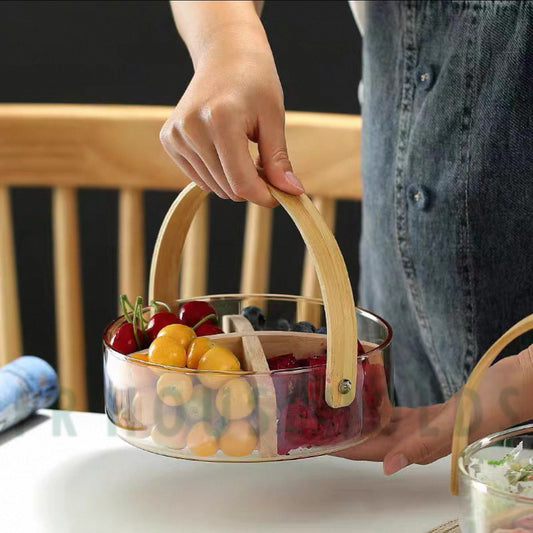 10-Inch Borosilicate Glass Portion Bowl with Wooden Handle – Elegant Serving Bowl for Dry Fruits, Fruits & Sweets