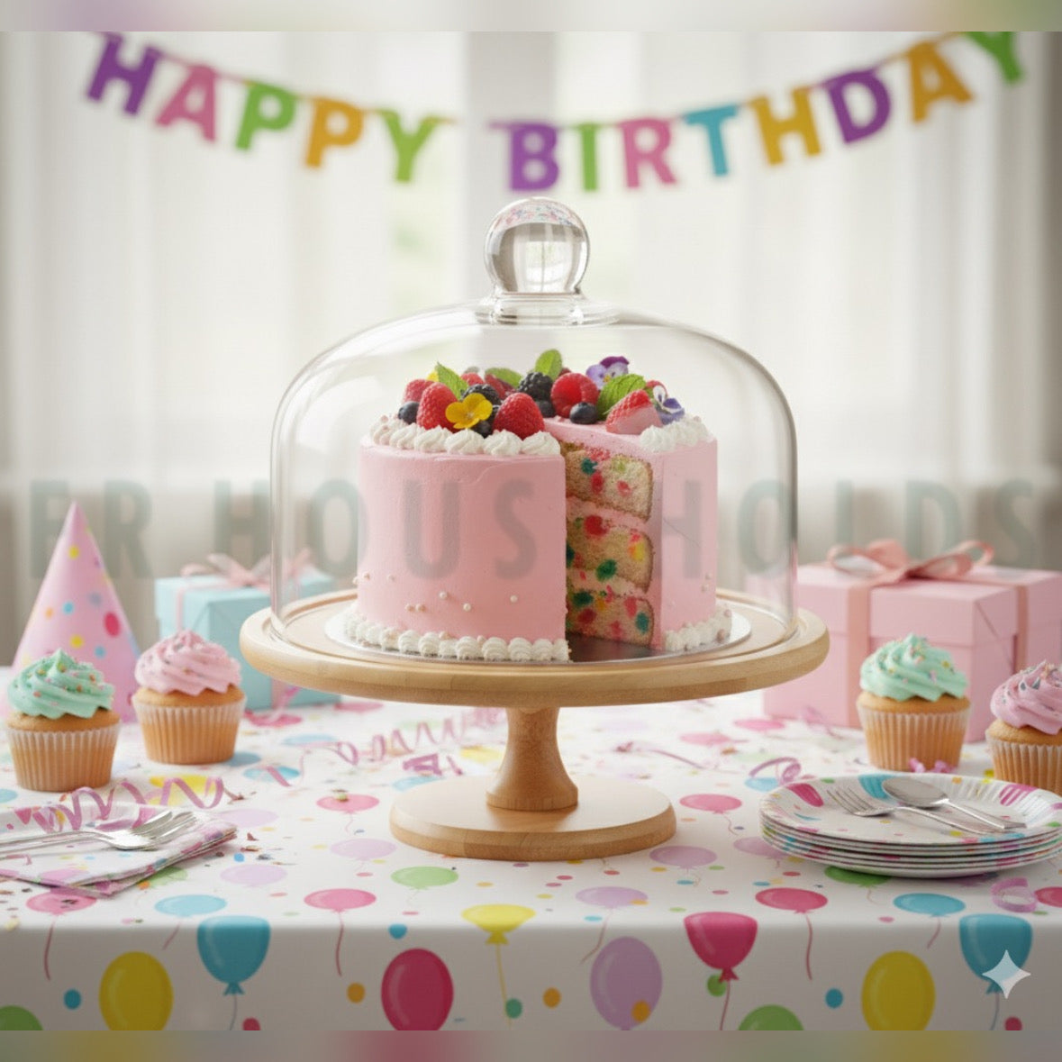 Wooden Revolving Cake Stand with Glass Dome