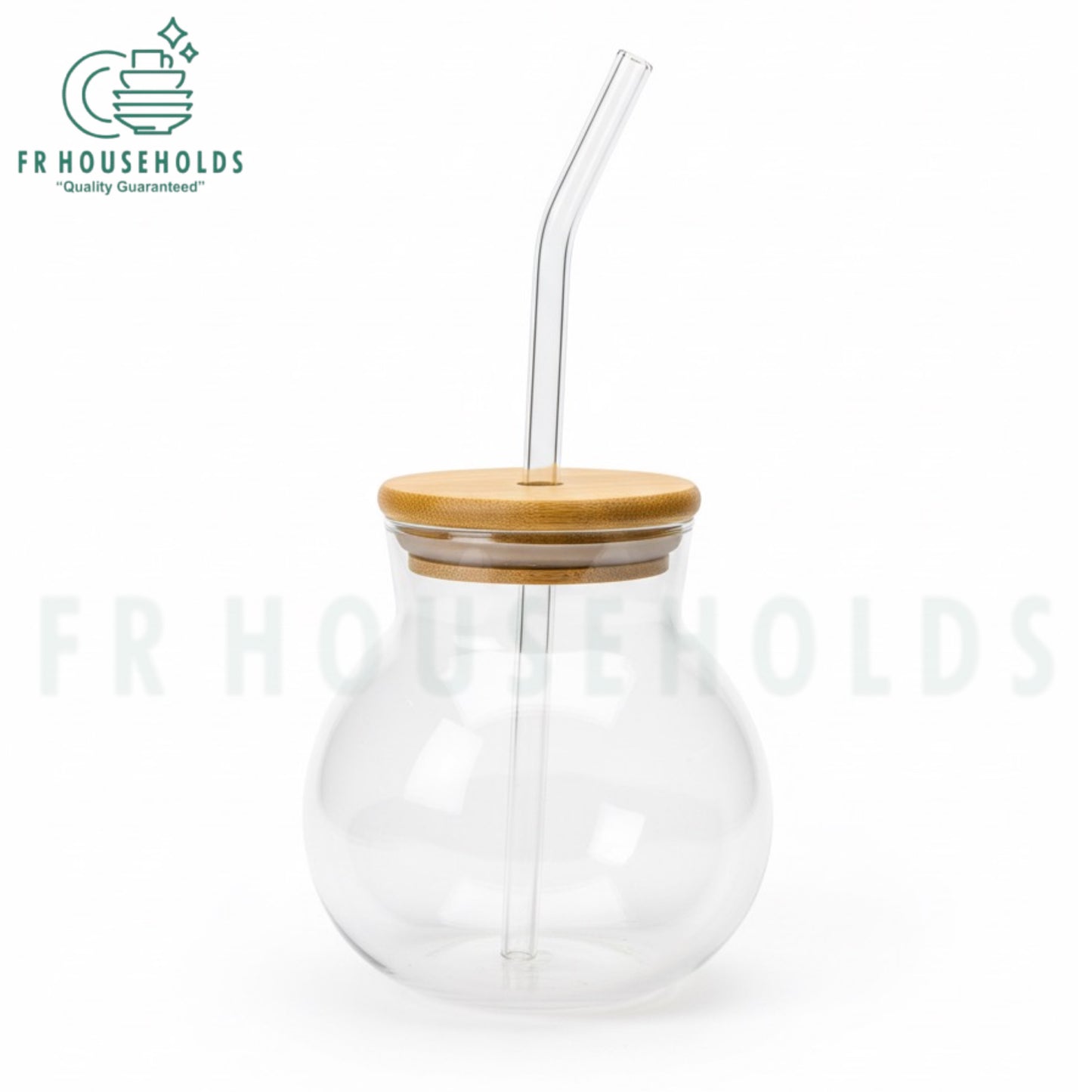 Pomegranate Shape Beverage Serving Glass with Bamboo Lid & Straw – 400ml