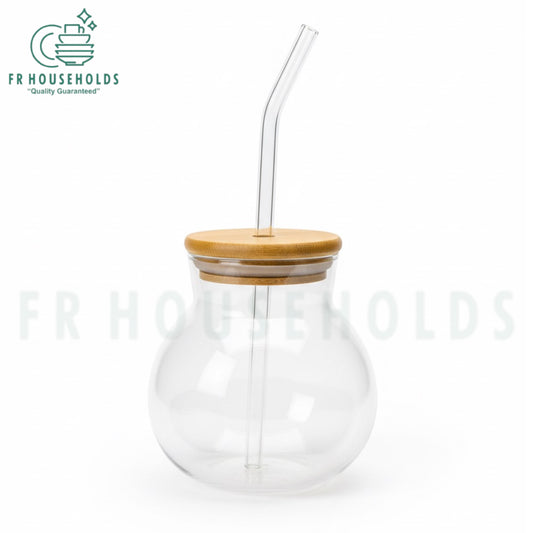 Pomegranate Shape Beverage Serving Glass with Bamboo Lid & Straw – 400ml