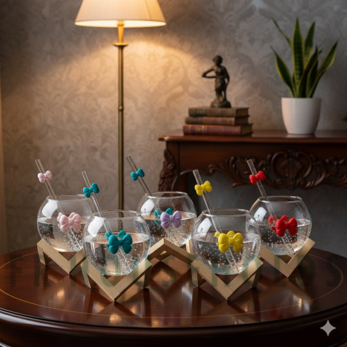 Bow Lunar Glass with Wooden Stand – Aesthetic Glass Cup with Premium Wooden Holder (Assorted Colors)