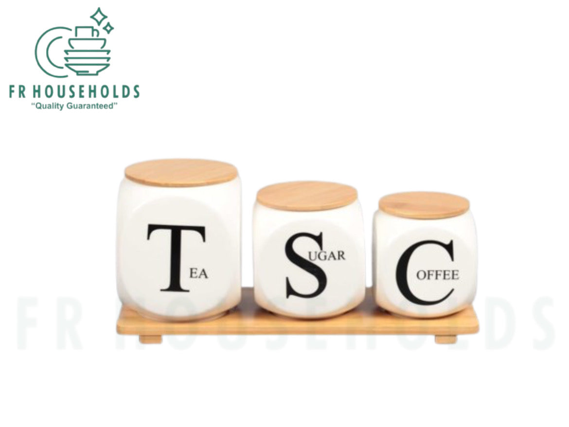 3-Piece Porcelain Airtight Jar Set with Real Bamboo Wood Stand