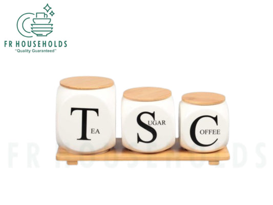 3-Piece Porcelain Airtight Jar Set with Real Bamboo Wood Stand