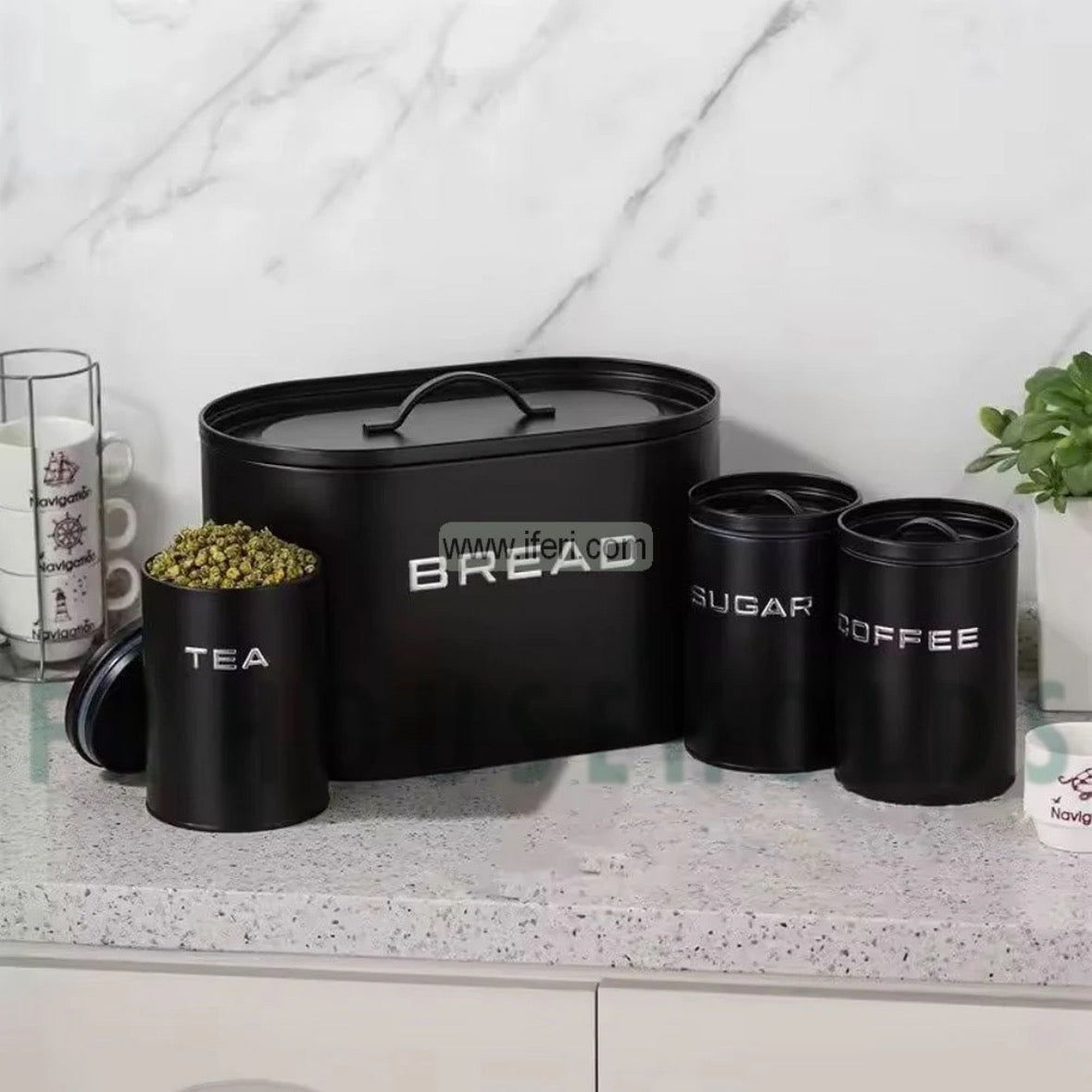 Premium Metal Bread Box Set with Tea, Coffee & Sugar Jars – Modern Kitchen Storage Set