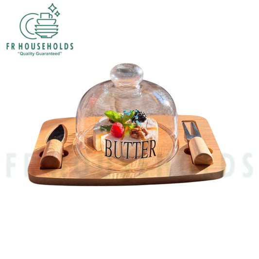 Elegant Butter Dish with Glass Dome & Organic Bamboo Base – Includes 2 Butter Knives