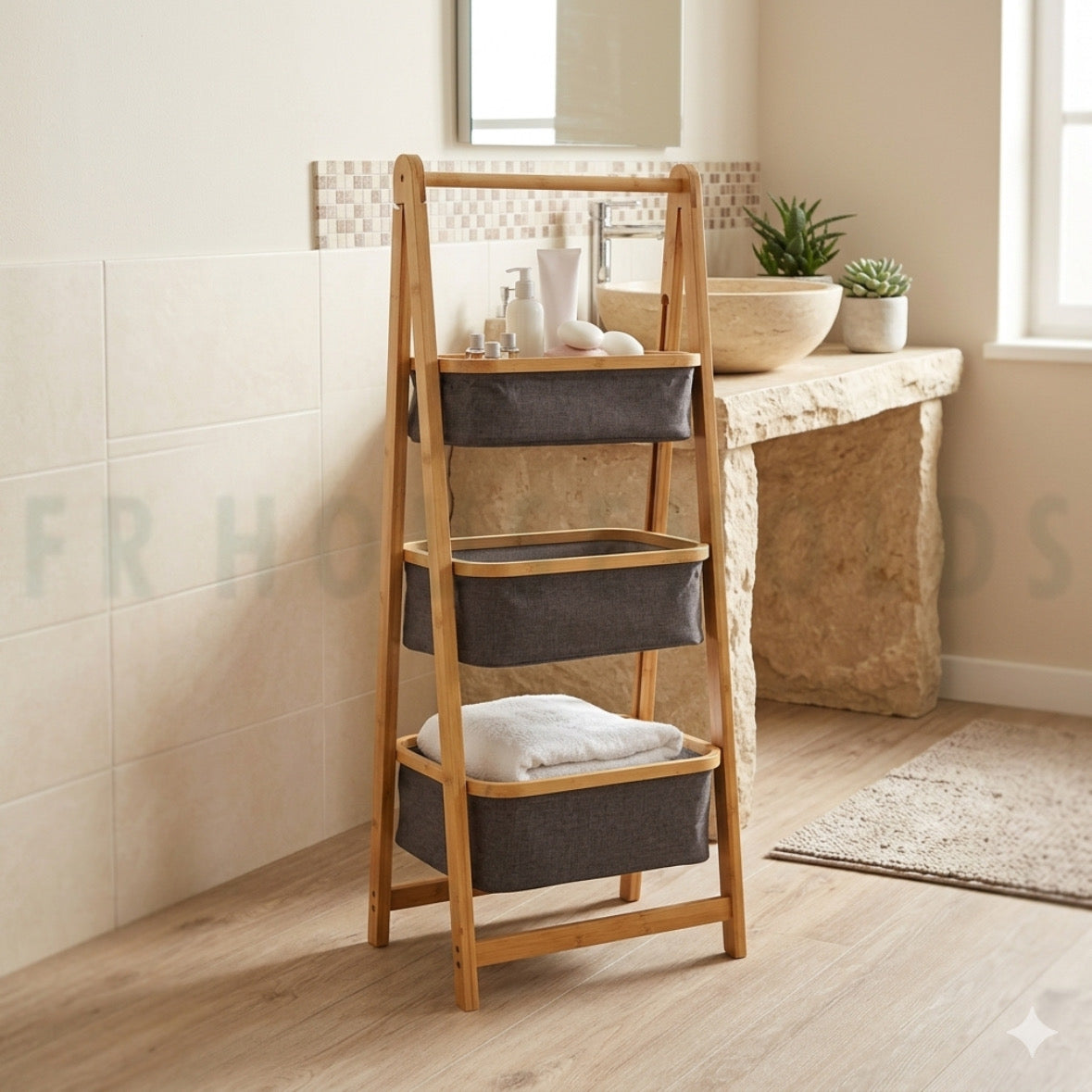 3-Tier Bamboo & Fabric Ladder Storage Caddy – Modern Organization Rack