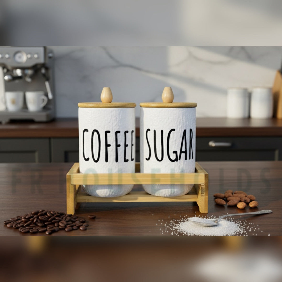 2-Piece Airtight Glass Jar Set with Real Bamboo Rack – 1000g Coffee & Sugar Storage Containers