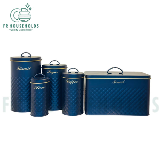 5pcs Pantry Storage Tin Canisters Set For Bread, Biscuits, Tea, Coffee & Sugar