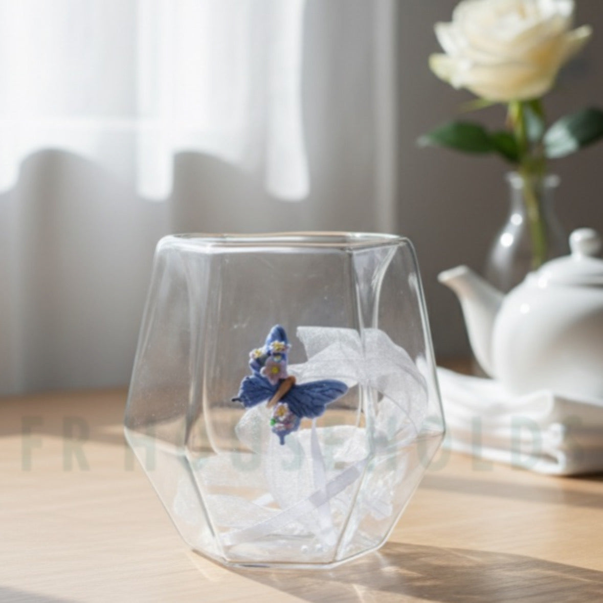 Double Wall Dried Ribbon Glass with Embossed Butterfly - 250ml