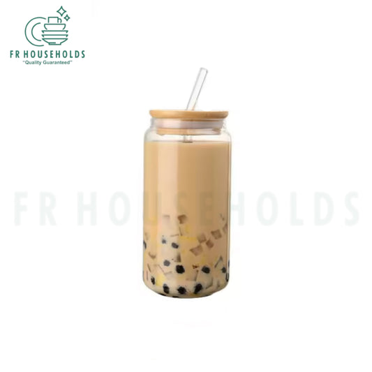 550ml Can Shape Iced Glass with Bamboo Lid & Glass Straw – Aesthetic & Eco-Friendly Drinkware | 1pc