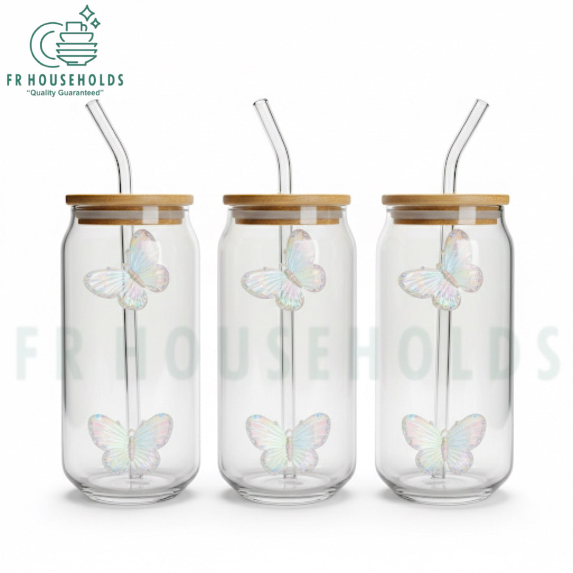 Butterfly Iced Tea Glass with Wooden Lid & Glass Straw | 500ml - 1pc