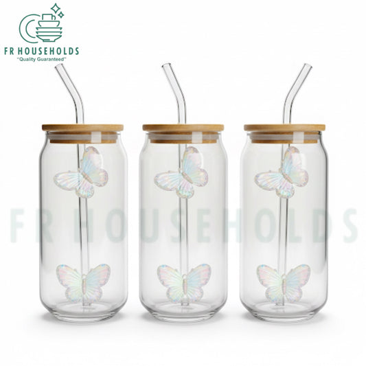 Butterfly Iced Tea Glass with Wooden Lid & Glass Straw | 500ml - 1pc