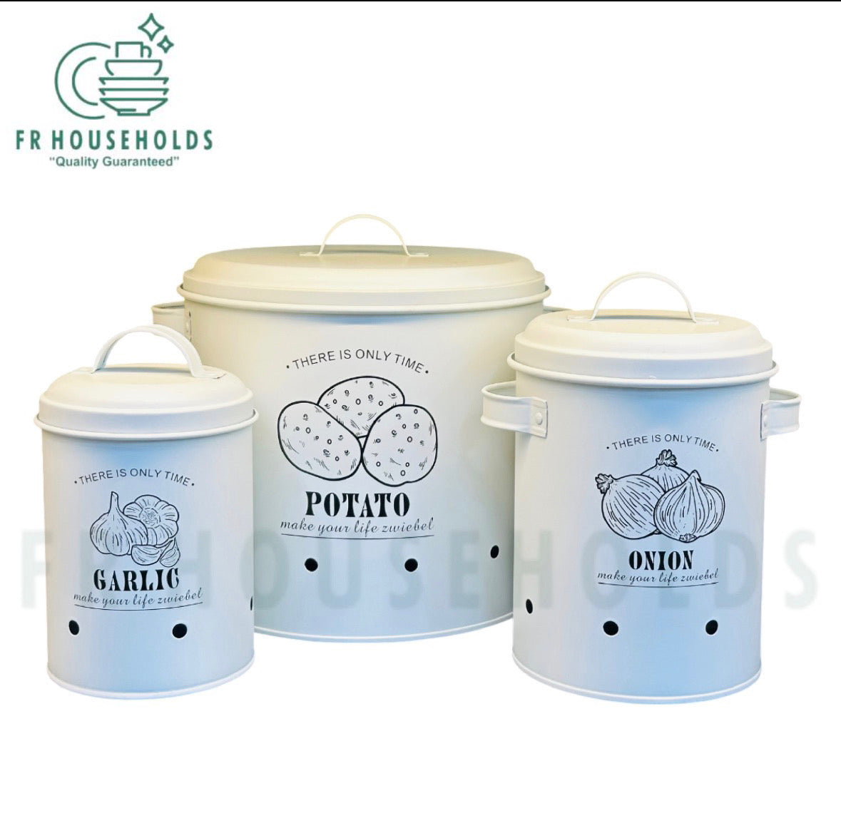 3-Piece Tin Storage Bucket Set for Potatoes, Onions, and Garlic | White