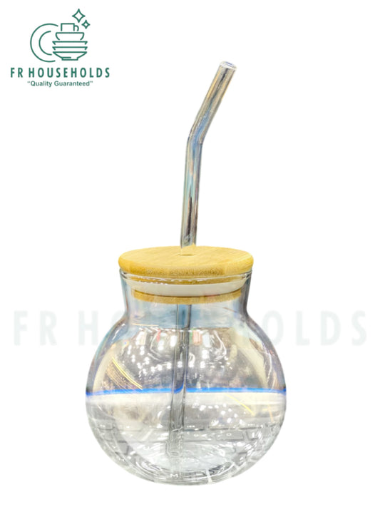 Round Globe Transparent Drinking Glass Tumbler with Bamboo Lid And Glass Straw | 400ml