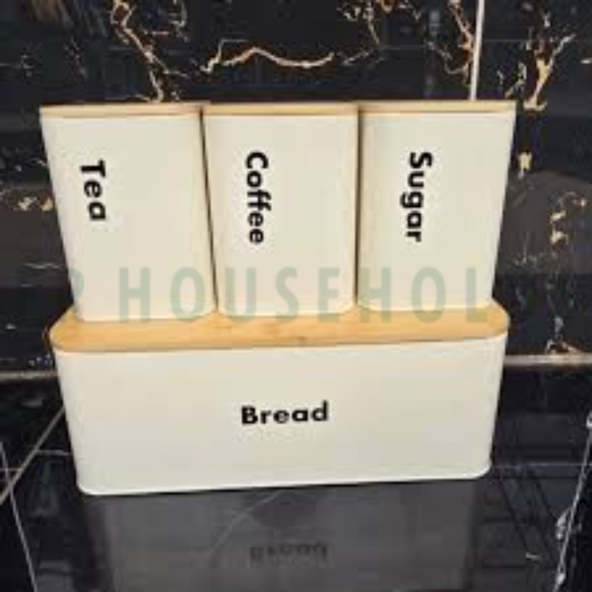 Metallic Bread Box with Wooden Top + 3pcs Airtight Tea Coffee Sugar Jars | Modern Kitchen Storage Set