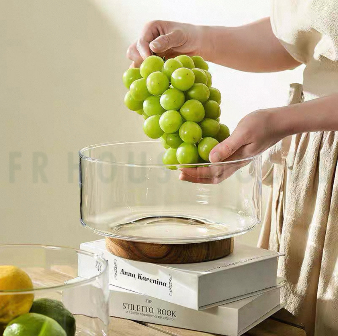 Wooden Base Glass Fruit Bowl – Elegant & Modern Kitchen Décor