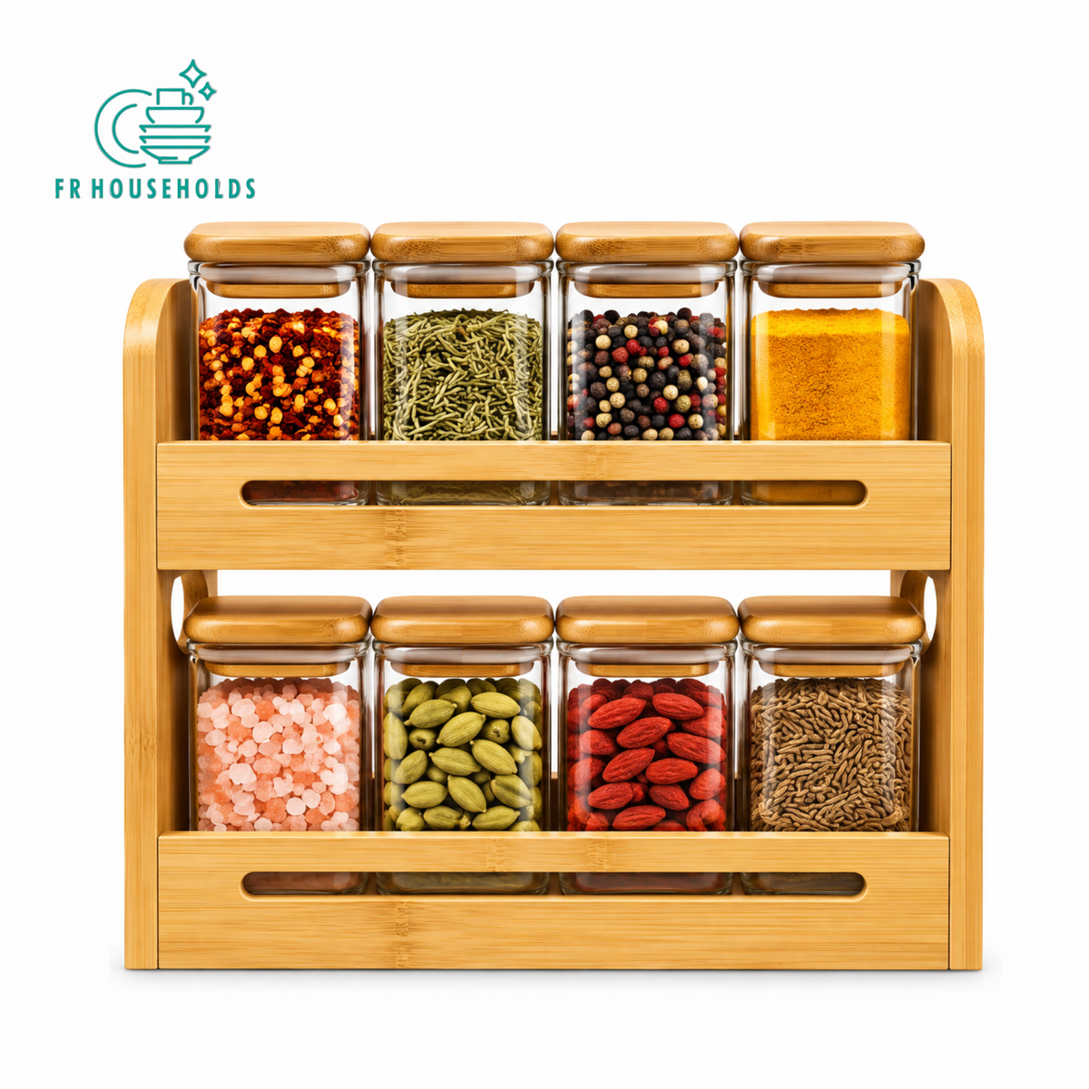 Bamboo Spice Rack with 8 Glass Jars & Bamboo Lids – 2 Tier Kitchen Organizer