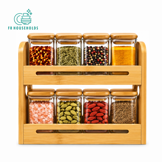 Bamboo Spice Rack with 8 Glass Jars & Bamboo Lids – 2 Tier Kitchen Organizer
