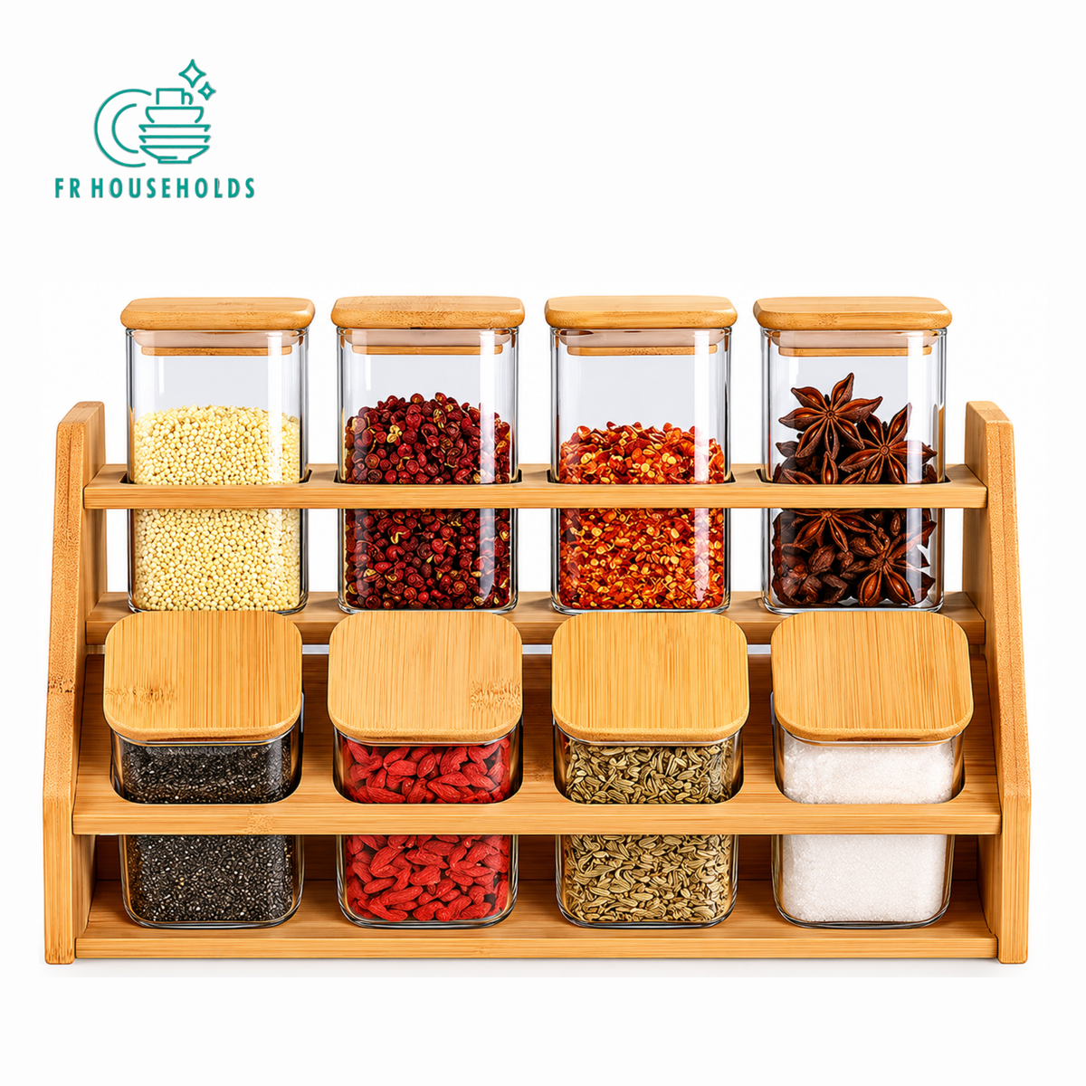 Bamboo Spice Rack with 8 Glass Jars & Bamboo Lids – 2 Tier Kitchen Organizer