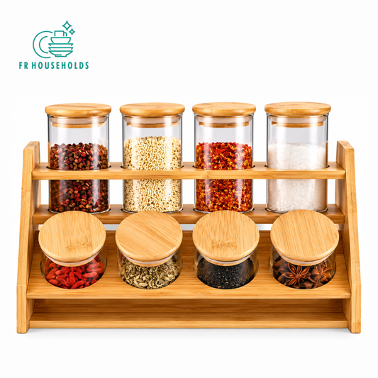 Bamboo Spice Rack with 8 Glass Jars & Bamboo Lids – 2 Tier Kitchen Organizer