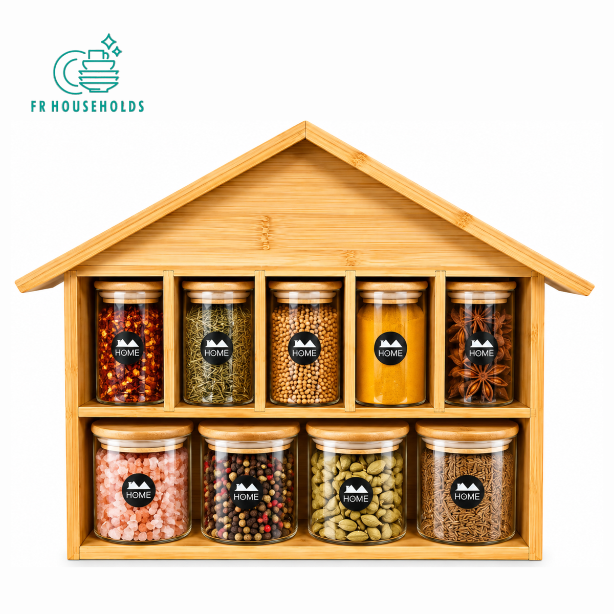 9 Piece Bamboo Spice Jar Set with Wooden Rack – Kitchen Storage Organizer