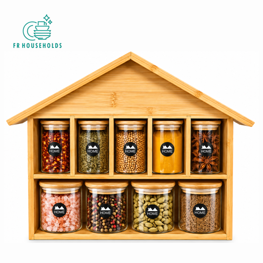 9 Piece Bamboo Spice Jar Set with Wooden Rack – Kitchen Storage Organizer