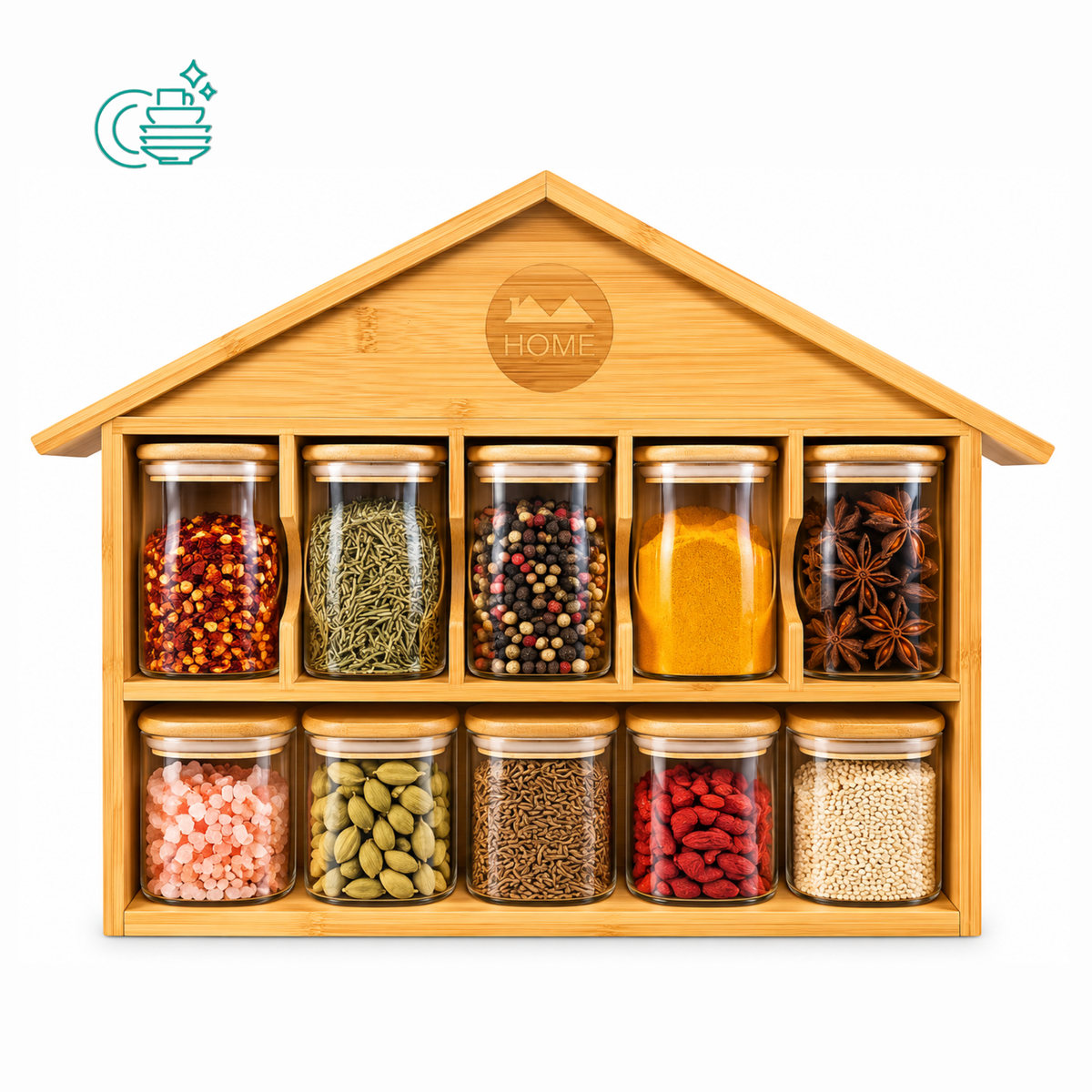 9 Piece Spice Jar Set with House-Shaped Storage Rack – Kitchen Organizer