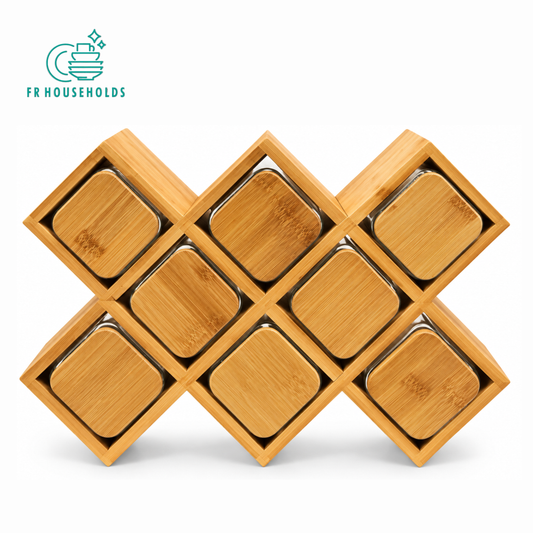 Bamboo Spice Rack with 8 Glass Jars & Bamboo Lids – Diamond Design