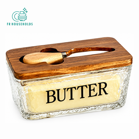 Glass Butter Dish with Wooden Lid & Butter Knife | Hammered Glass