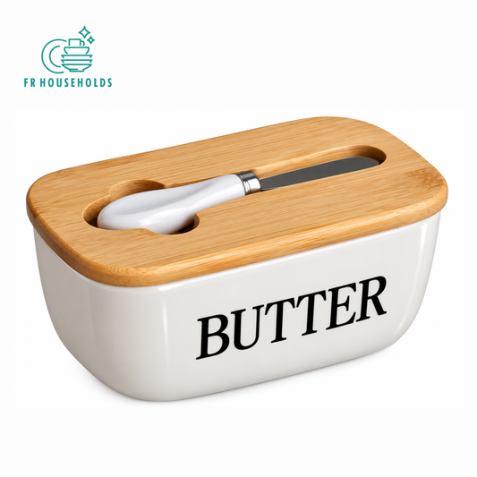 White Butter Dish with Wooden Lid & Butter Knife